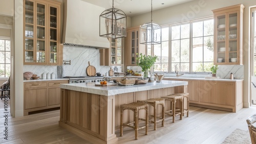 A modern, spacious kitchen featuring light wood cabinetry, a large island, and ample natural light from expansive windows.