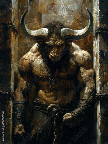 The Curse of the Minotaur - bull, monster, creature, strength, fantasy, myth, beast, warrior, chains, power, dark art, heroic, horned figure, muscular, scary, legend, ancient