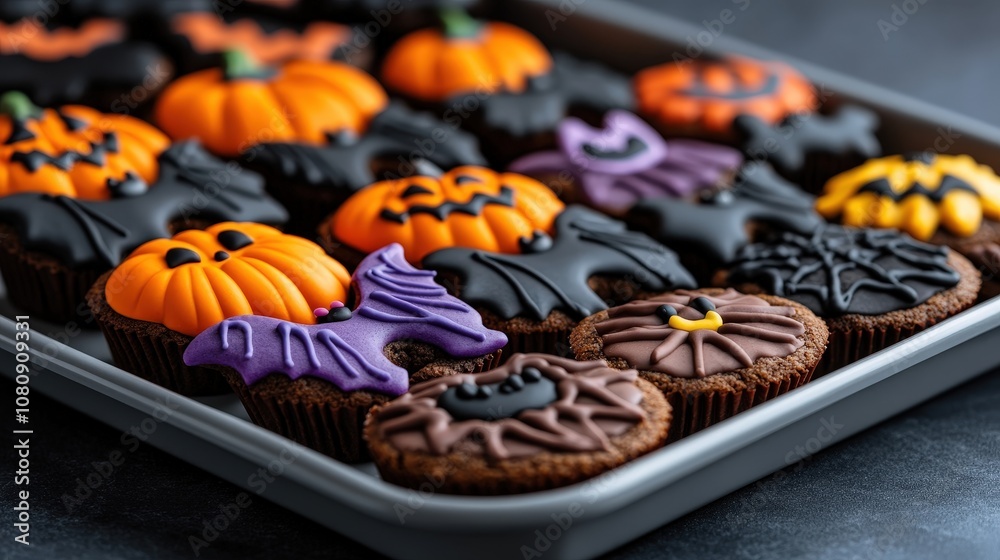 Decorative Halloween cupcakes in a tray, adorned with bats, pumpkins, and other festive shapes, embodying the spirit of the holiday celebration. Decorative Halloween cupcakes in a tray, adorned with bats, pumpkins, and other festive shapes, embodying the spirit of the holiday celebration.