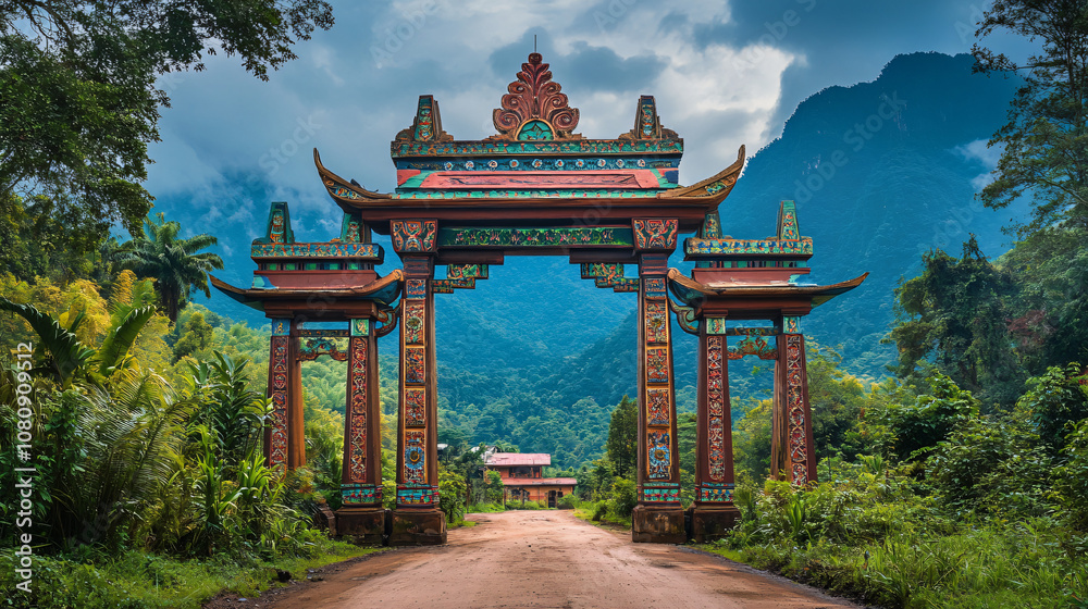 Vibrant traditional laotian gate welcoming visitors to a temple complex surrounded by lush jungle and rolling hills
