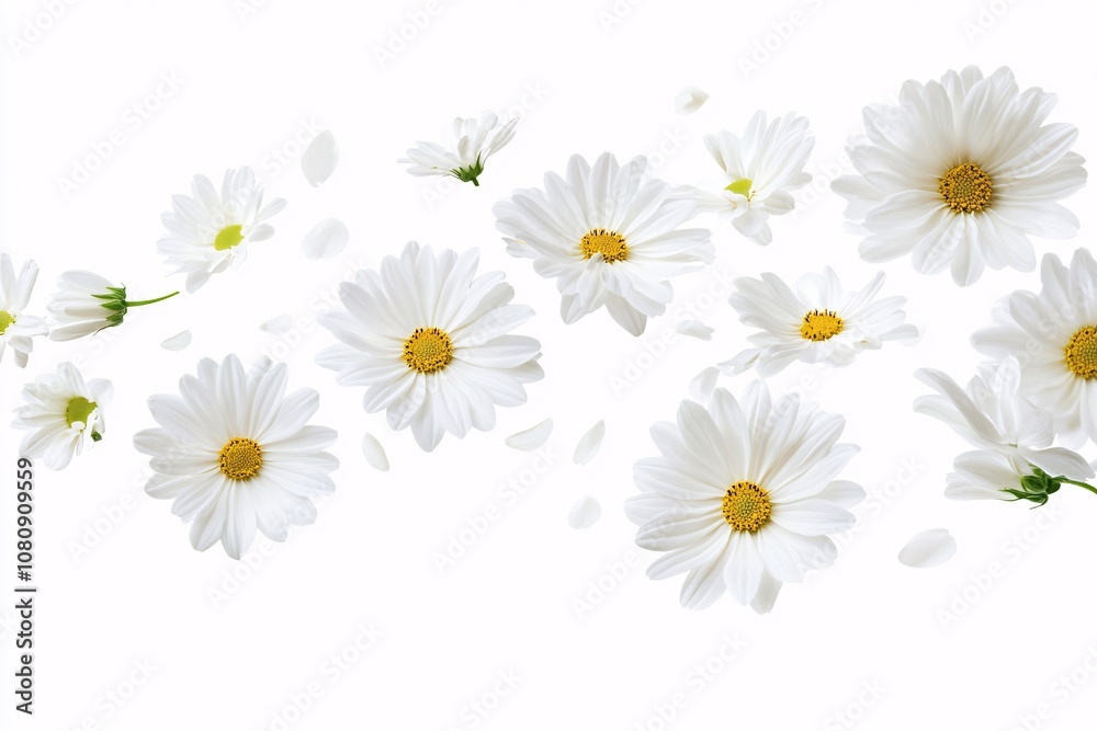 Fototapeta premium White Daisies Falling on a White Background - Floral Photography