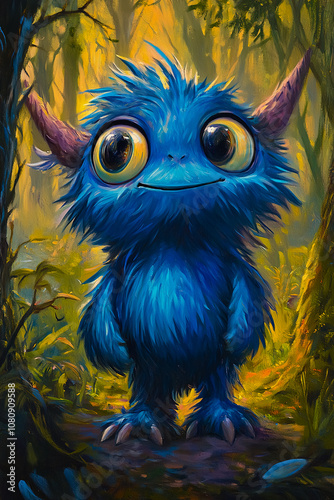 A painting of a blue monster in the woods, with vibrant colors and intricate details.