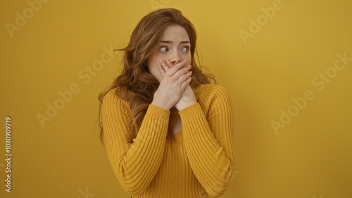 Beautiful young blonde woman isolated over a yellow background, looking surprised and covering her mouth with her hands.