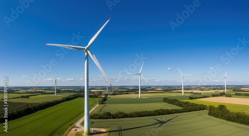 Picturesque wind turbines towering lush fields clear blue sky