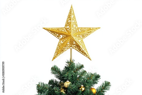 golden christmas tree on white background with star