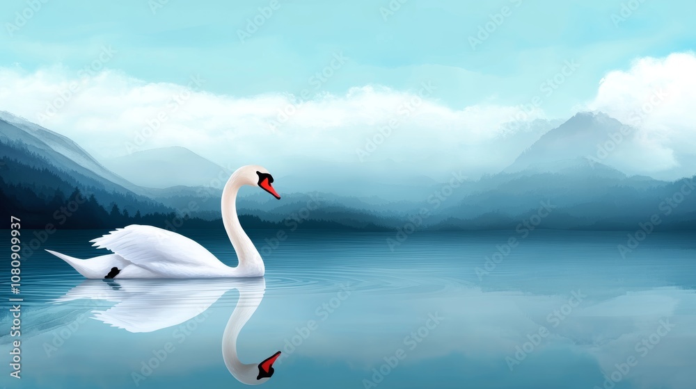 Fototapeta premium Serene Swan on Calm Lake Majestic Mountain Landscape