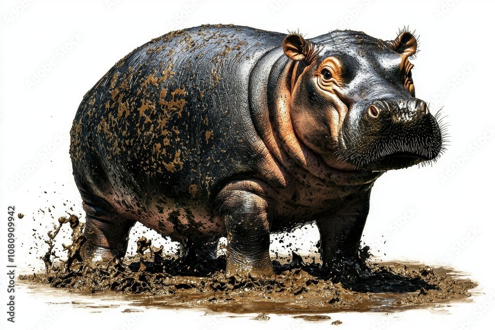 A Hippo Standing in Muddy Water with Rich Textures and Vibrant Colors Emphasizing Its Unique Features and Natural Environment in the Wild A Hippo Standing in Muddy Water with Rich Textures and Vibrant Colors Emphasizing Its Unique Features and Natural Environment in the Wild