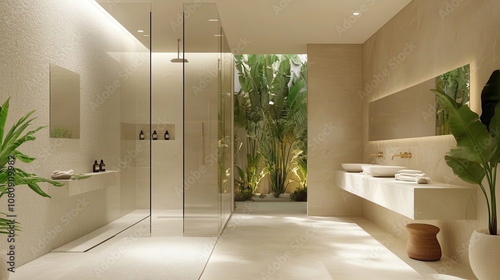 Fototapeta premium A modern bathroom featuring natural elements, sleek fixtures, and greenery, creating a serene and luxurious atmosphere.