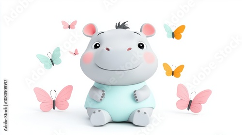 Cute Cartoon Hippo Character Surrounded by Colorful Butterflies in a Playful and Whimsical Environment for Children's Illustration or Branding