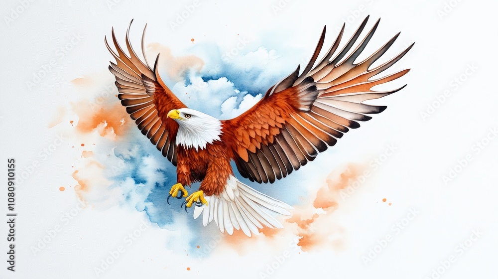 Fototapeta premium Majestic Eagle Soaring Through Clouds Watercolor Art Print