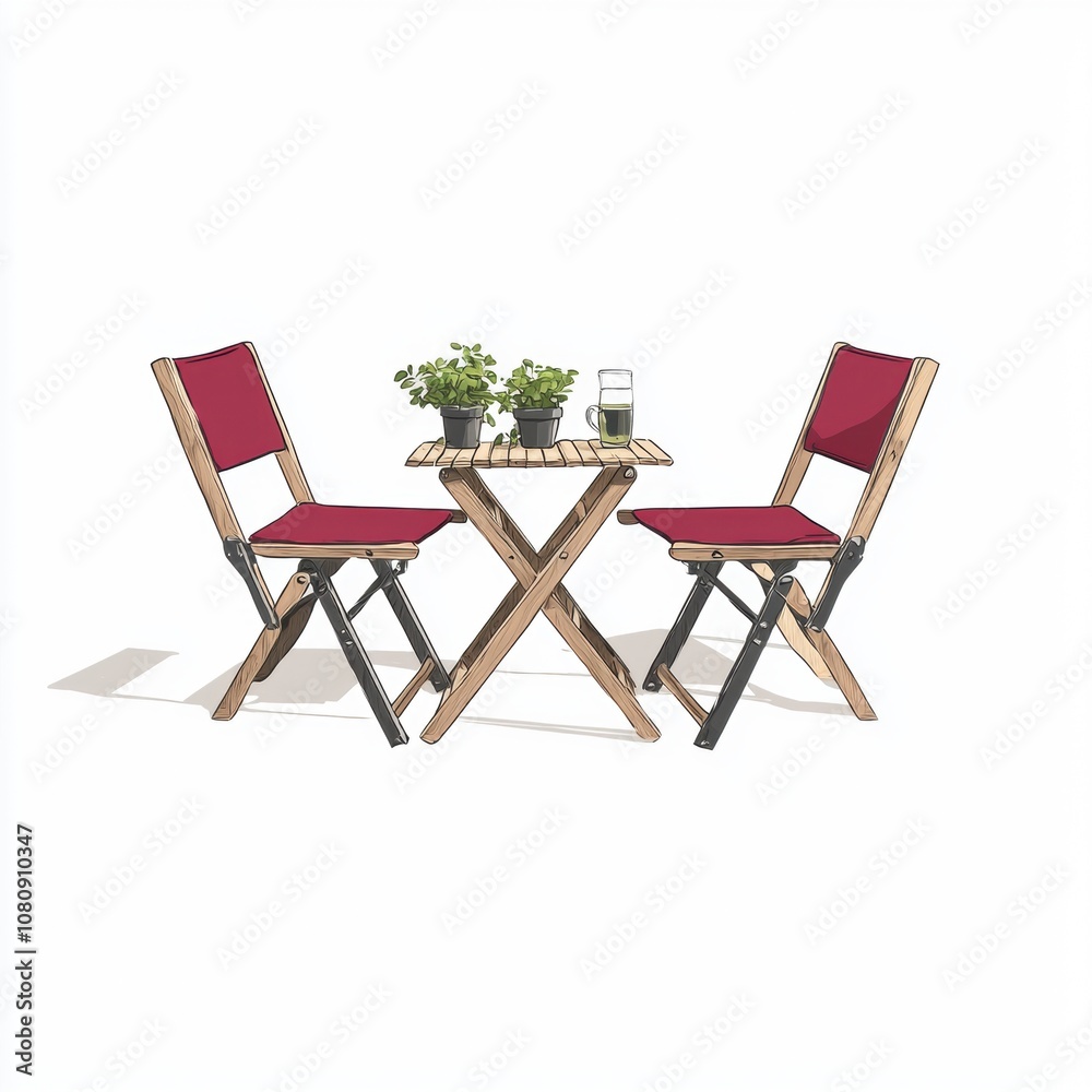 Fototapeta premium Cozy Outdoor Dining Setup Featuring Two Stylish Folding Chairs and a Small Wooden Table with Potted Plants and a Refreshing Drink