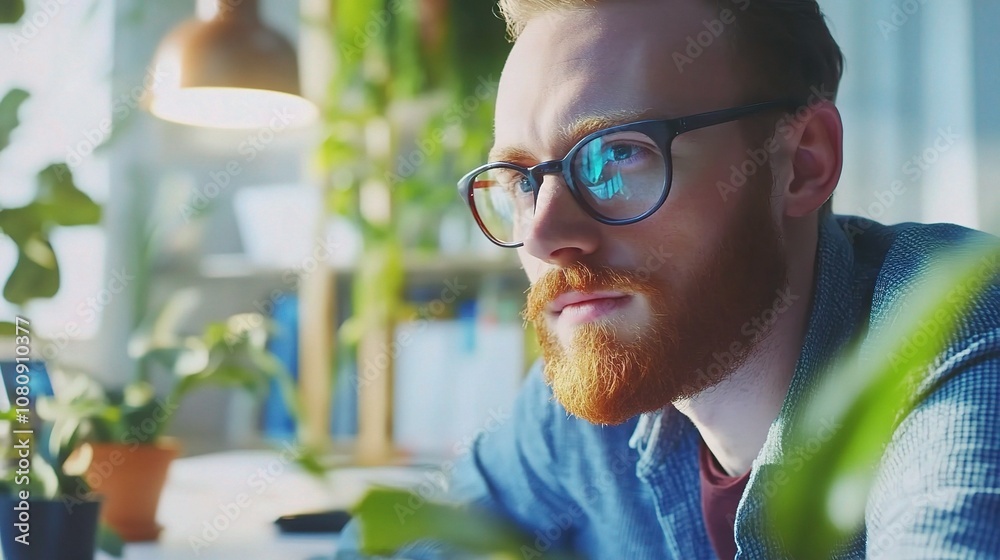 Creative Professional Deep in Thought with Various Green Plants in a Bright and Inviting Workspace Environment