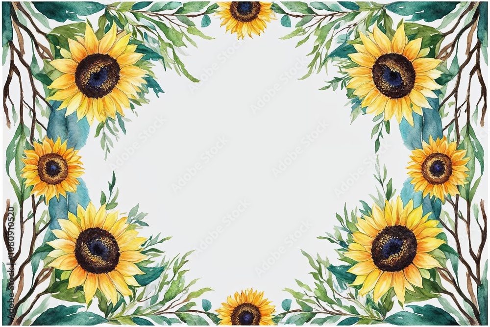 Whimsical Watercolor Frame with Sunflowers and Willow Branches for Birthday Cards and Decorations Whimsical Watercolor Frame with Sunflowers and Willow Branches for Birthday Cards and Decorations