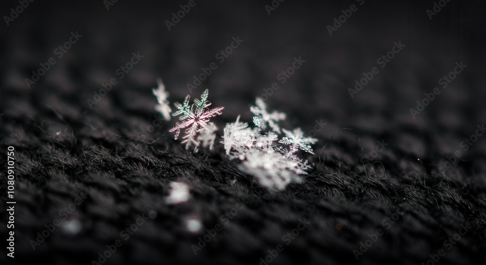 Delicate snowflakes resting on dark fabric texture Delicate snowflakes resting on dark fabric texture