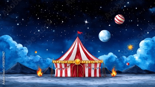 Enchanting Circus Tent Under Night Sky with Planets Stars and Campfires