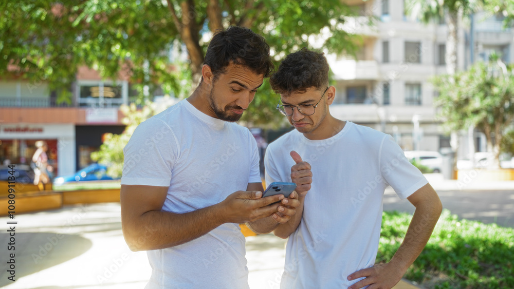 Father and son standing together looking at a smartphone screen in an urban park, surrounded by buildings, shops, and greenery, expressing curiosity and interest Father and son standing together looking at a smartphone screen in an urban park, surrounded by buildings, shops, and greenery, expressing curiosity and interest