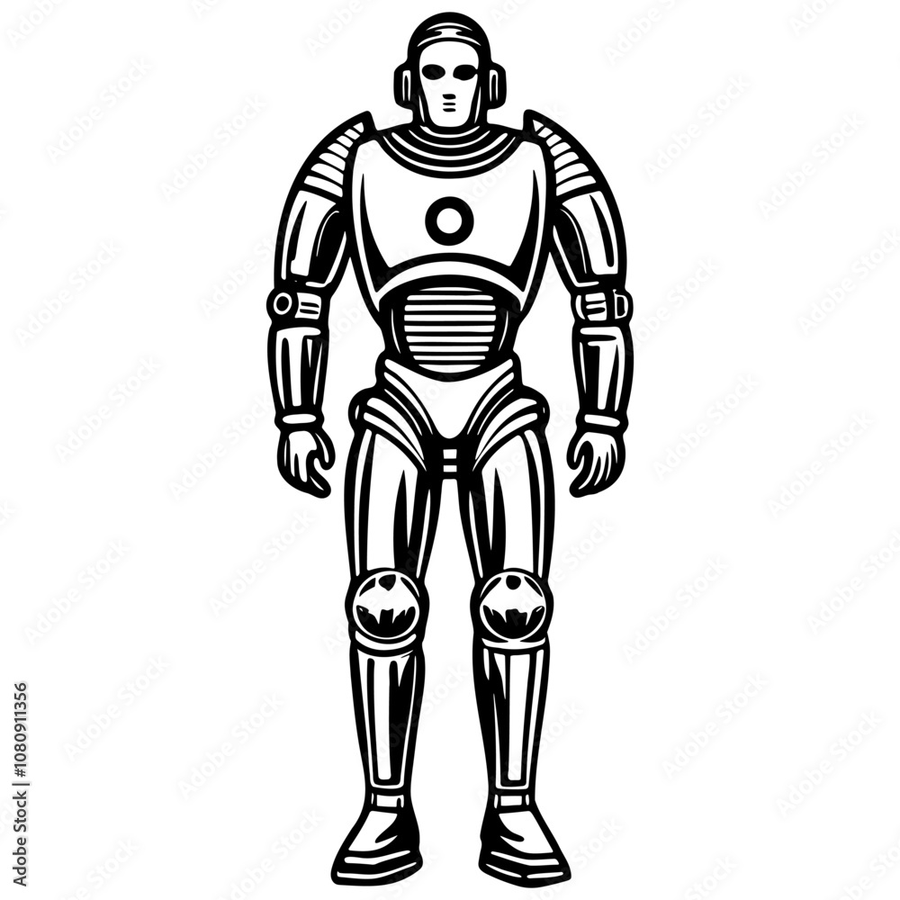 Monochrome illustration of a powerful humanoid robot standing still, showcasing futuristic technology and artificial intelligence in a striking visual Monochrome illustration of a powerful humanoid robot standing still, showcasing futuristic technology and artificial intelligence in a striking visual
