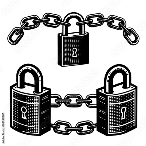 Strong padlocks connected by heavy chains symbolize robust security measures, data protection in blockchain technology, and access control in a vintage, etched style