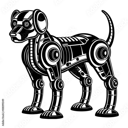 Mechanical robotic dog standing on four legs, showcasing advanced technology and futuristic artificial intelligence in a monochrome vector illustration
