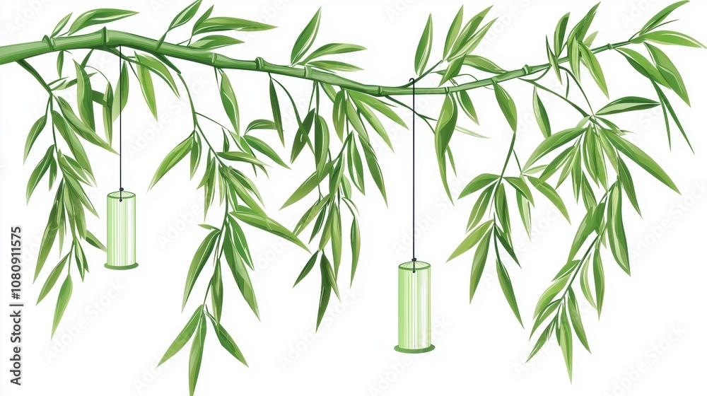 Obraz premium Elegant Bamboo Branch with Hanging Wind Chimes Capturing Serenity and Nature's Beauty in a Tranquil Outdoor Setting for Relaxation and Peaceful Atmosphere
