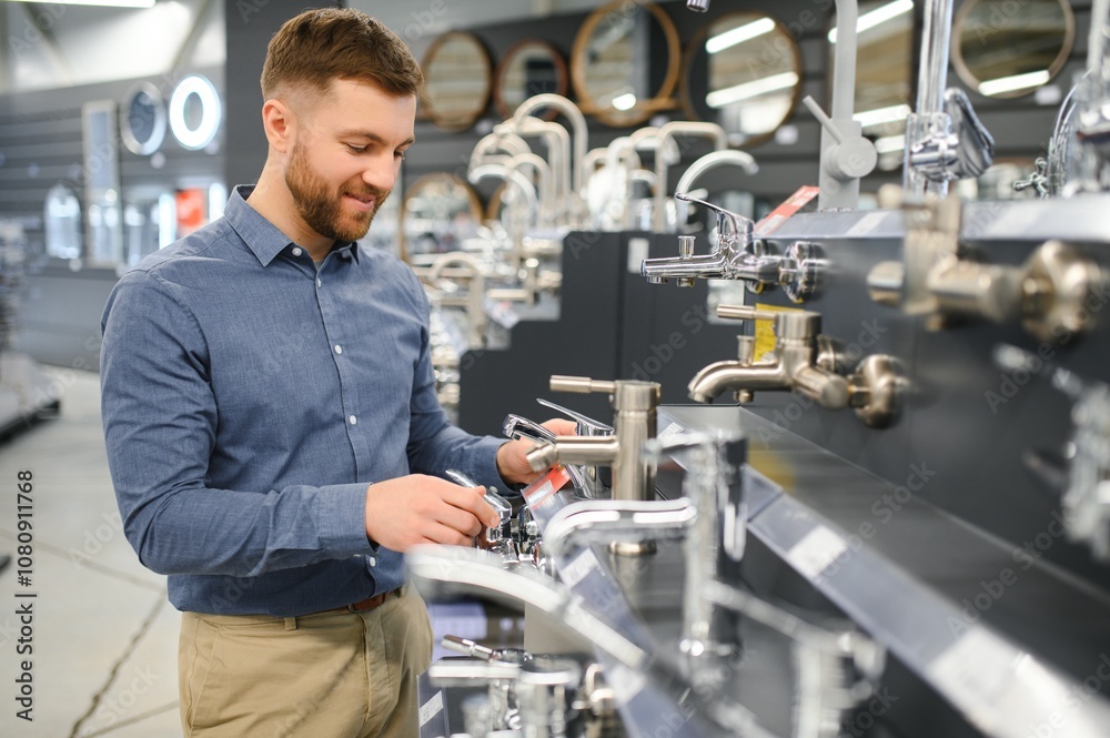 Man chooses a products in a sanitary ware store Man chooses a products in a sanitary ware store