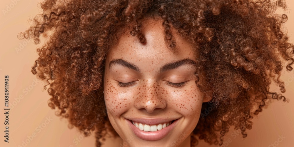 Captured in a tight frame, a youthful lady radiates beauty, joy, and selfassurance with her curly hair, freckles, closed eyes, and a wide smile, giving off a vibe of positivity and happiness Captured in a tight frame, a youthful lady radiates beauty, joy, and selfassurance with her curly hair, freckles, closed eyes, and a wide smile, giving off a vibe of positivity and happiness