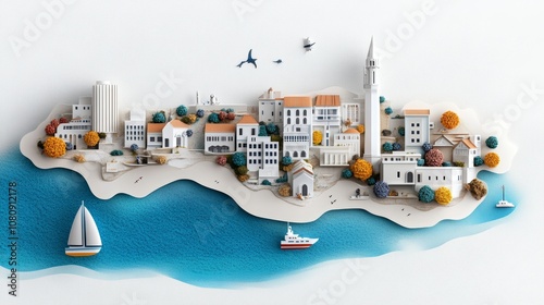 Coastal Town Paper Art Idyllic Islandscape Buildings Boats Seascape photo