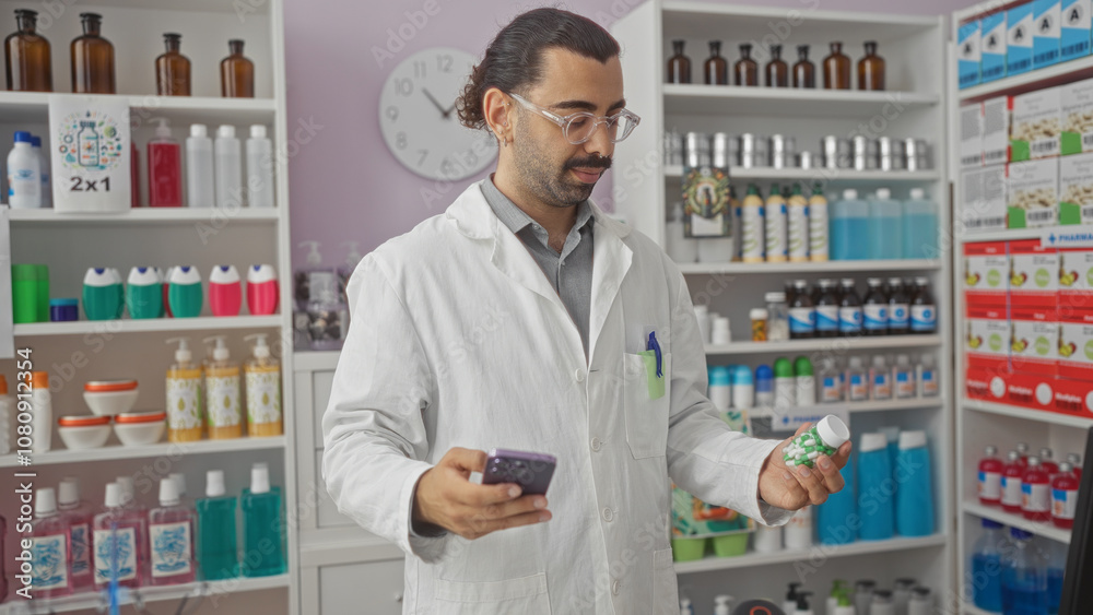 Man holding medication bottle in a pharmacy while using a smartphone, surrounded by various pharmaceutical products on shelves in a well-lit drugstore Man holding medication bottle in a pharmacy while using a smartphone, surrounded by various pharmaceutical products on shelves in a well-lit drugstore