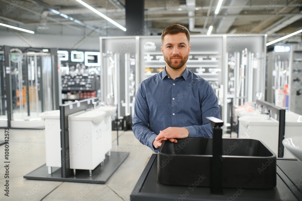 Fototapeta premium Portrait of salesperson in bathroom store. Happy man works in bath store. Sales occupation