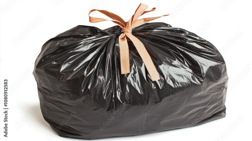 Large Black Trash Bag Tied with Ribbon Ready for Disposal in Modern Household Setting, Ideal for Waste Management and Environmental Concerns Large Black Trash Bag Tied with Ribbon Ready for Disposal in Modern Household Setting, Ideal for Waste Management and Environmental Concerns