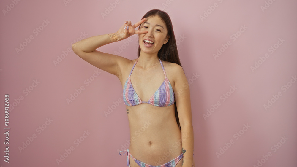 Woman posing in a colorful bikini against an isolated pink background, showing a peace sign and smiling, young, beautiful, chinese, and attractive adult Woman posing in a colorful bikini against an isolated pink background, showing a peace sign and smiling, young, beautiful, chinese, and attractive adult