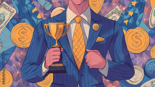 a stylized illustration of a person in a suit holding a trophy. The background is filled with dollar signs, coins, and what appears to be pieces of fabric or flags, suggesting a theme of financial suc photo