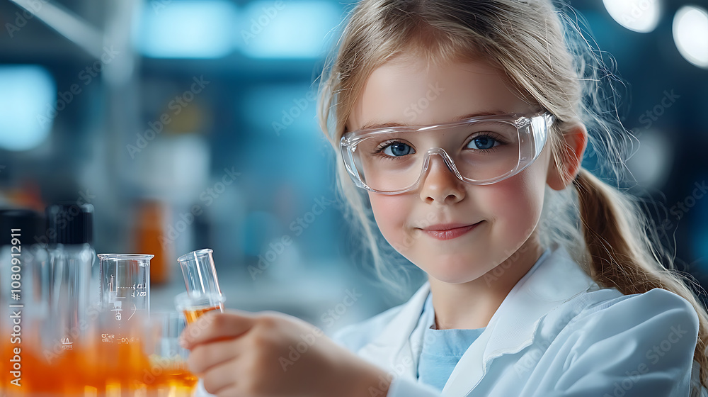 Inspiring young scientist little girl dressed as a scientist conducts exciting lab experiments with colorful test tubes Inspiring young scientist little girl dressed as a scientist conducts exciting lab experiments with colorful test tubes