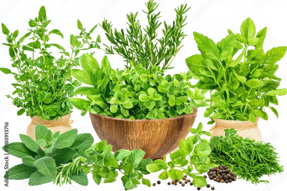 Fresh and Aromatic Culinary Herbs in Natural Setting Featuring Basil, Oregano, Thyme, Rosemary, and Parsley Perfect for Cooking and Garnishing Dishes Fresh and Aromatic Culinary Herbs in Natural Setting Featuring Basil, Oregano, Thyme, Rosemary, and Parsley Perfect for Cooking and Garnishing Dishes