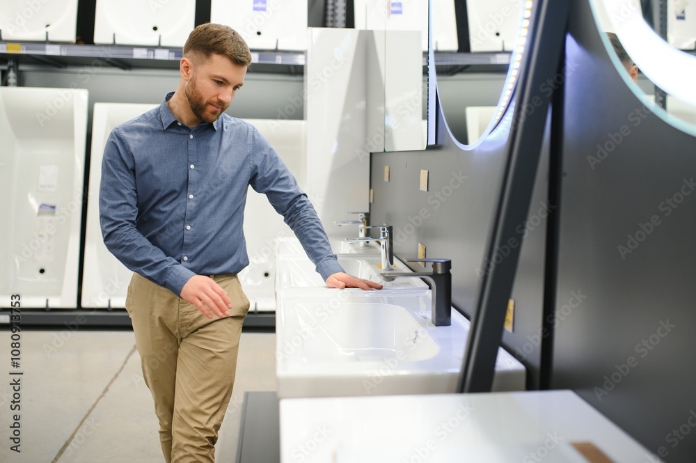Man choosing new bathroom furniture at the plumbing shop with lots of sanitary goods Man choosing new bathroom furniture at the plumbing shop with lots of sanitary goods