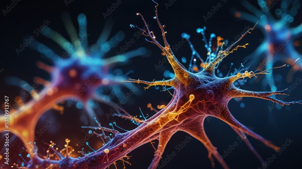 Microscopic view of colorful neurons connecting and transmitting signals. Microscopic view of colorful neurons connecting and transmitting signals.