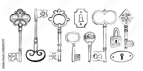 Keys locks and keyholes vector set. Hand drawn outline, line art keys. Various vintage, security, antique and modern keys with ornate heads vector illustration isolated on background