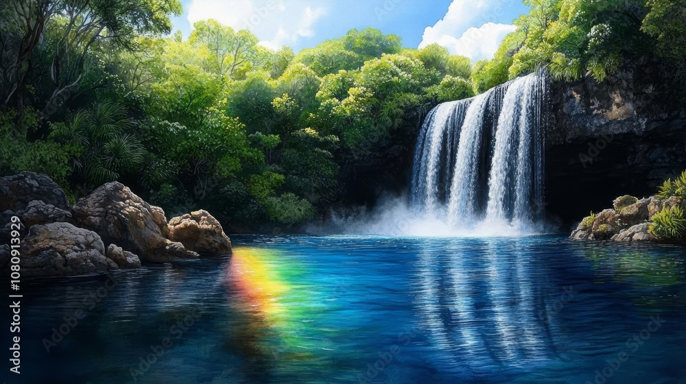 Serene Waterfall in Lush Rainforest Rainbow Reflection Tranquil Nature Scene Serene Waterfall in Lush Rainforest Rainbow Reflection Tranquil Nature Scene