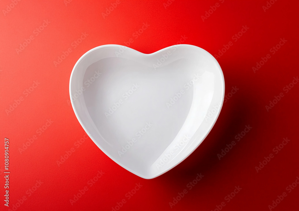 A heart-shaped white dish sits against a vibrant red background, perfect for showcasing treats or decorations during special occasions A heart-shaped white dish sits against a vibrant red background, perfect for showcasing treats or decorations during special occasions