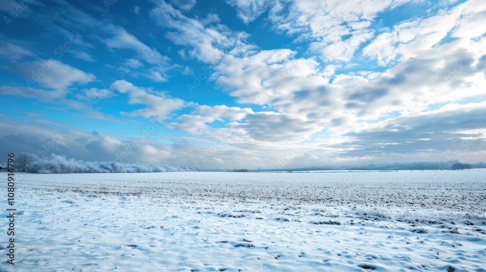 Snow Horizon. Majestic Winter Landscape with Snow-Covered Field and Cloudy Blue Sky Snow Horizon. Majestic Winter Landscape with Snow-Covered Field and Cloudy Blue Sky