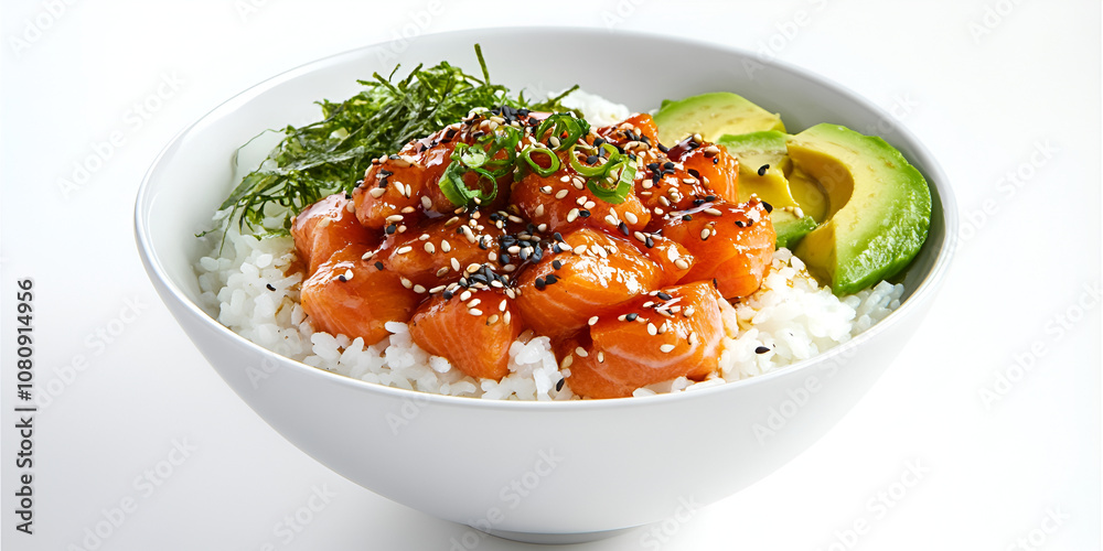 Salmon poke bowl with avocado, rice, sesame seeds, and seaweed Salmon poke bowl with avocado, rice, sesame seeds, and seaweed