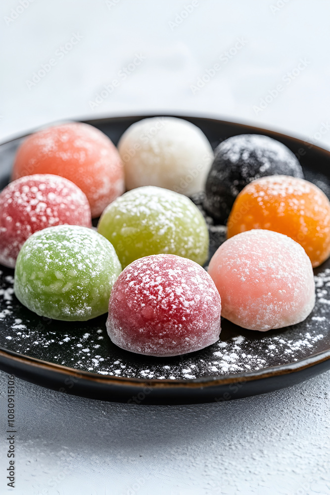 Colorful mochi dessert balls on a black plate dusted with sugar Colorful mochi dessert balls on a black plate dusted with sugar