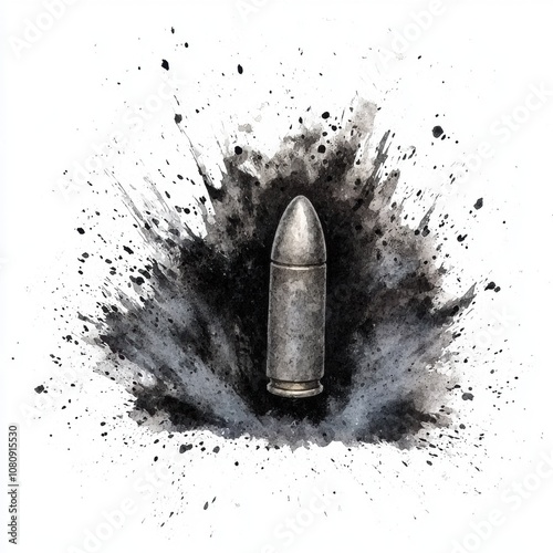 Artistic representation of a bullet surrounded by an explosion of black ink splashes to convey themes of power, violence, and dynamic energy in a striking and abstract manner. photo