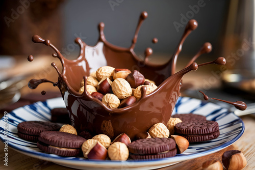 Hazelnuts, chocolate cookies, and peanuts mixed with chocolate splashes photo