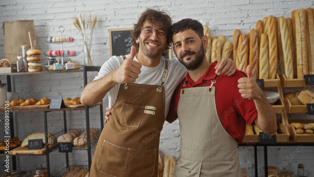 Obraz premium Two smiling men in aprons give thumbs up in a bakery shop interior with a display of various bread and pastries.