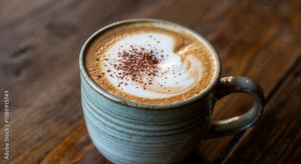 Warm cappuccino with heart-shaped foam on wooden table Warm cappuccino with heart-shaped foam on wooden table