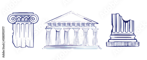 Collection of ancient Greek symbols and artifacts columns, amphorae, busts, laurel wreaths, lyre outline. Flat vector illustration isolated on background. Greek culture and history architecture
