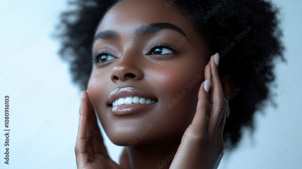 Close-up portrait of smiling model touching her face, showcasing healthy skin and perfect white teeth Close-up portrait of smiling model touching her face, showcasing healthy skin and perfect white teeth