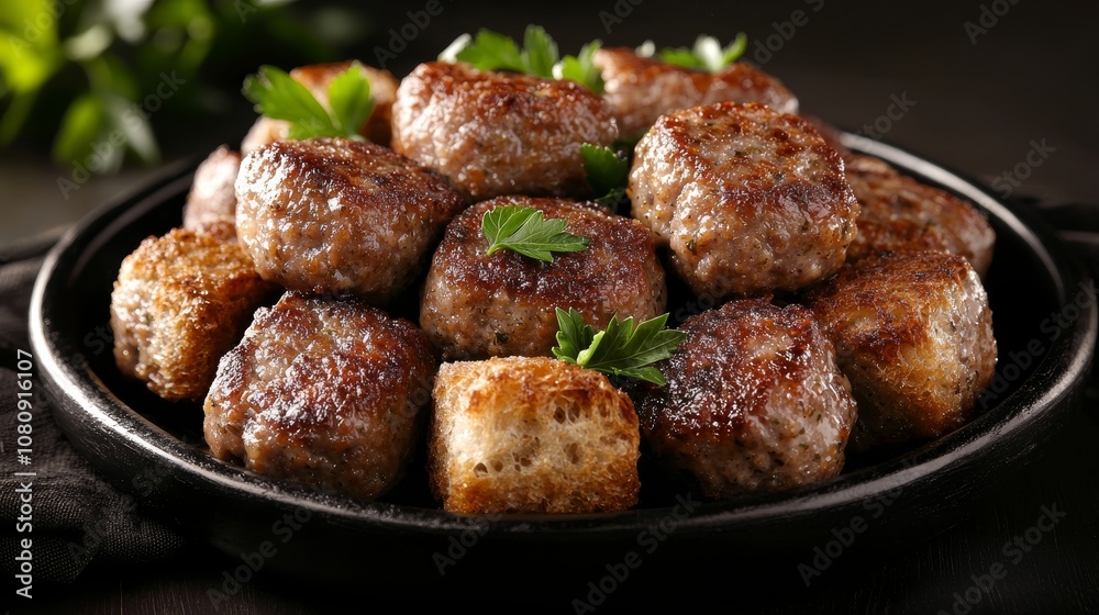 Closeup of a plate of crispy, golden brown meatballs garnished with parsley. Closeup of a plate of crispy, golden brown meatballs garnished with parsley.