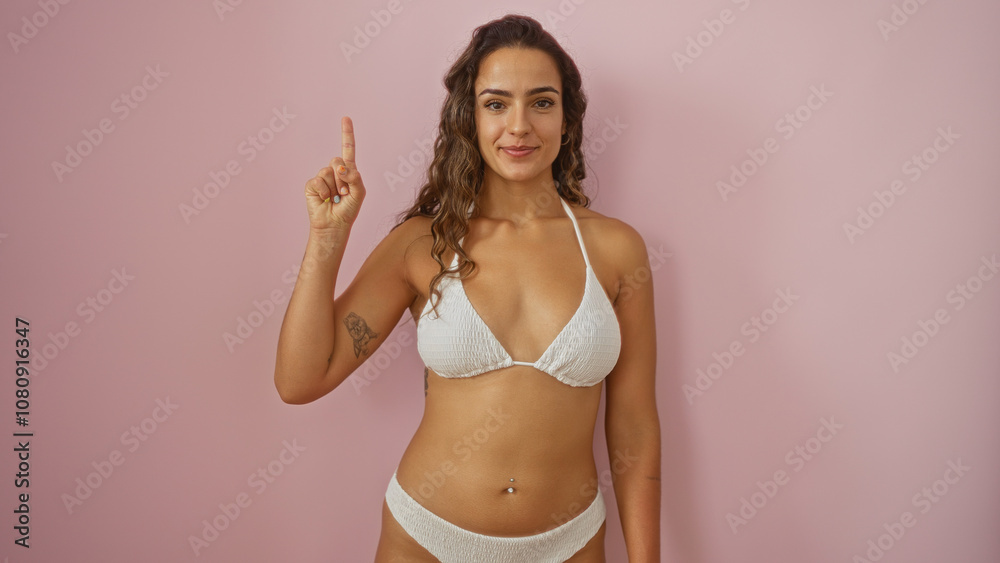 Hispanic woman smiling in a bikini standing against a pink wall with a raised finger, showcasing body confidence and summer vibes. Hispanic woman smiling in a bikini standing against a pink wall with a raised finger, showcasing body confidence and summer vibes.